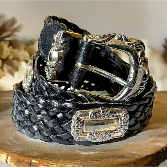 Fossil Belt Womens Black Woven Leather Medallions Floral Preppy Western Size M main image 7